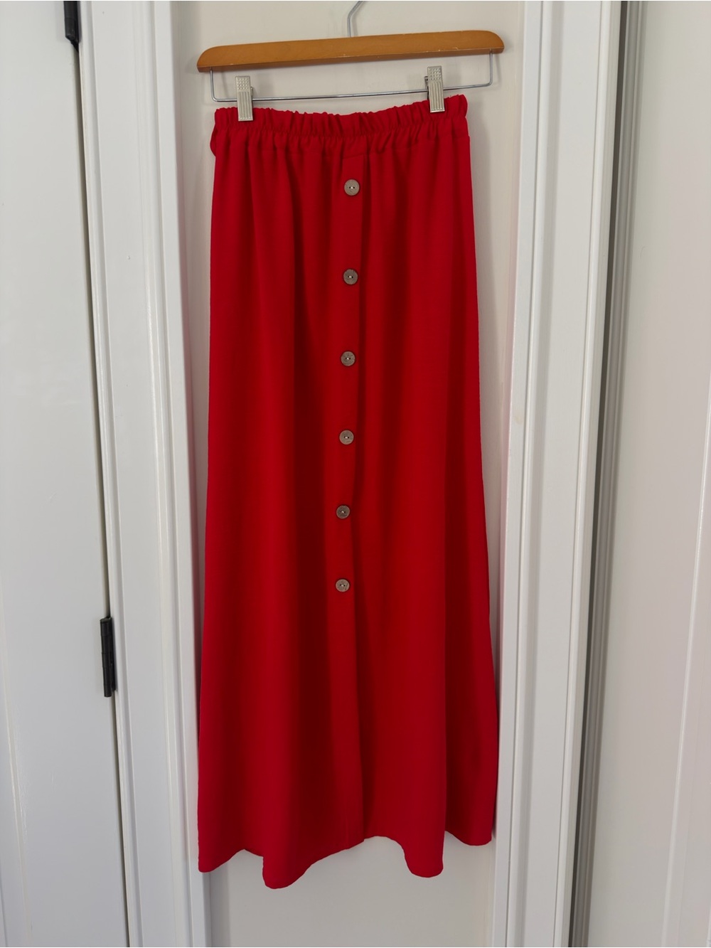Red Button-Front Maxi Skirt with Elastic Waist